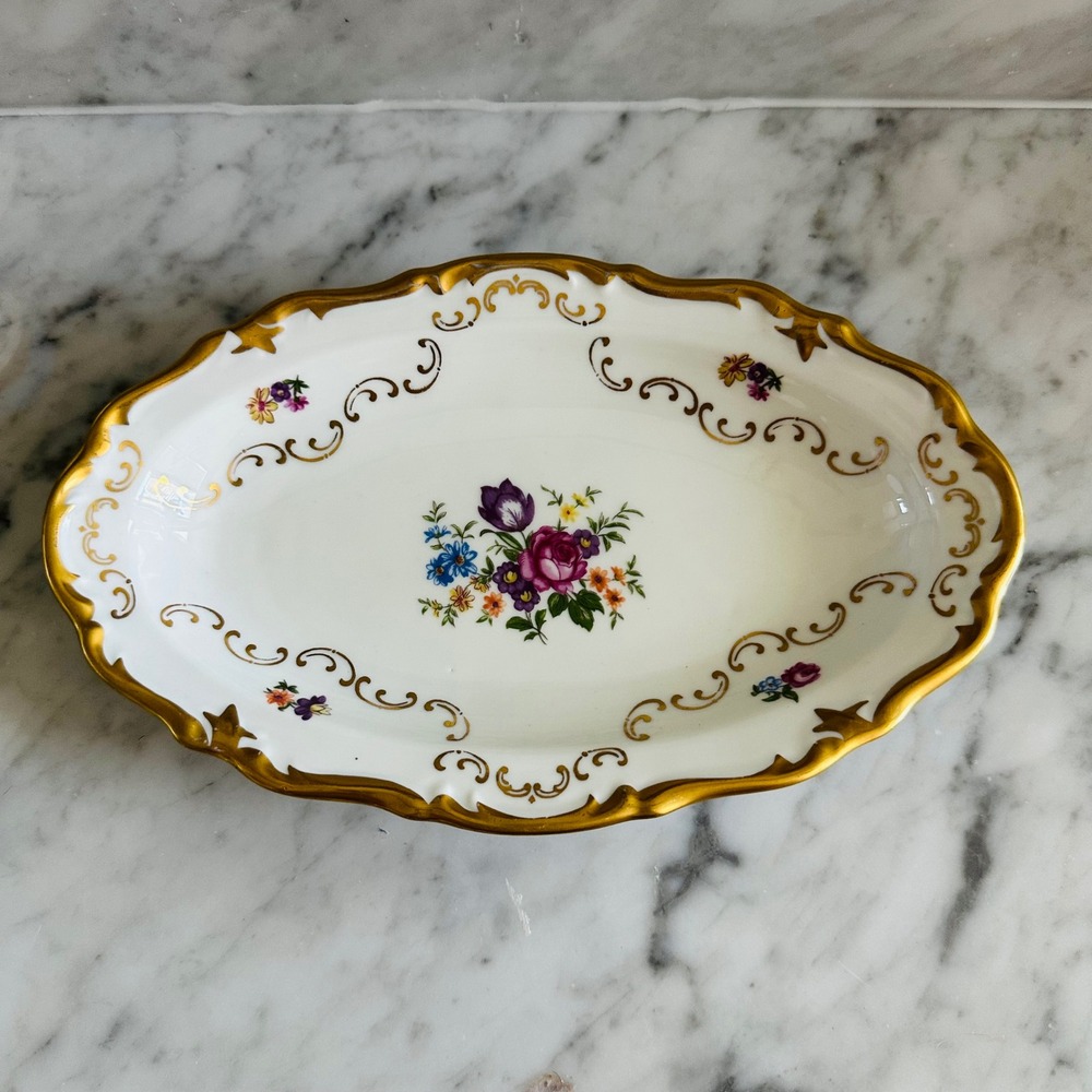 Vintage Grandmillennial Reichenbach Floral Gold Platter East German Rococo - Picture 1 of 4